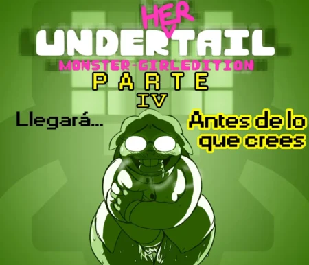 Monster girl gorda y sudorosa de Undertail 4 con pechos enormes y abdomen prominente en pose provocativa sobre fondo verde.