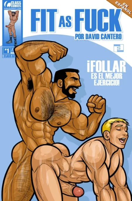 Dos hombres musculosos y desnudos posando eróticamente con el pene expuesto en la portada del cómic Fit As Fuck.