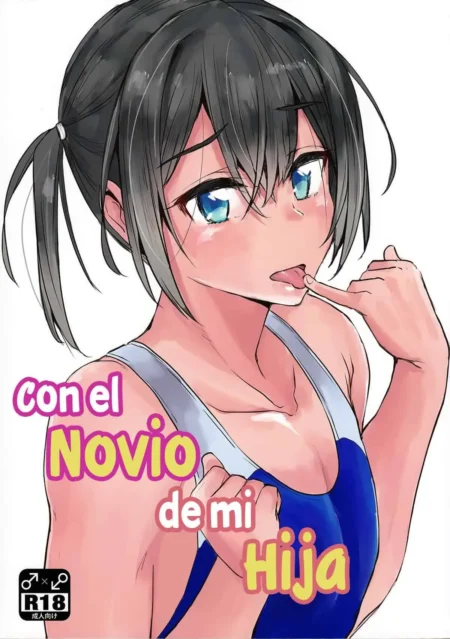 Mujer joven de cabello negro con top azul ajustado, mejillas sonrojadas y lengua fuera excitada tocándose los labios.