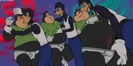 Goofy besa y acaricia el vientre y el pene erecto de un Max obeso en ropa interior en tres etapas de excitación sexual.