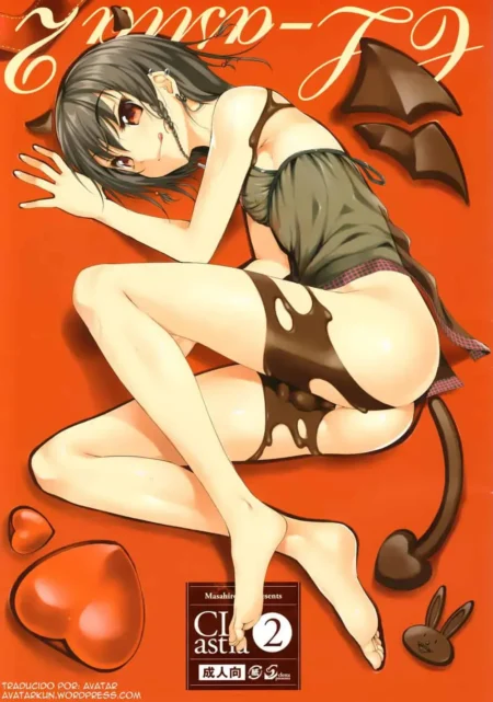 Mujer anime con cuernos y cola, vestido corto y lencería marrón abierta que expone sus glúteos en pose erótica.