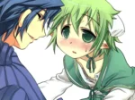 Dos hombres jóvenes, uno de pelo azul y otro verde, se miran con deseo en una portada de manga erótico Yaoi.