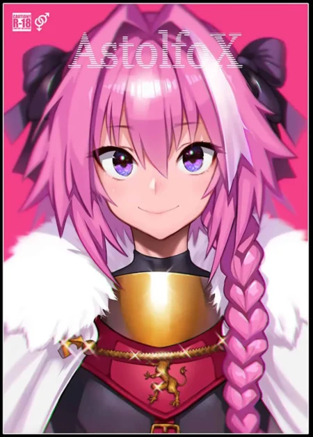 Retrato sexual de Astolfo con cabello rosa, trenza larga, capa blanca y armadura roja sobre cuerpo trap feminizado.