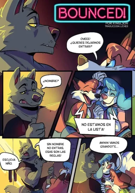 Lobo bouncer rechaza la entrada de un zorro y un perro azul en un cómic furry yaoi de K1ngl3on.