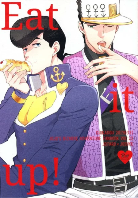 Jotaro Kujo y Josuke Higashikata en pose sugerente con ropa marinera y texto Eat it up! para doujinshi erótico.