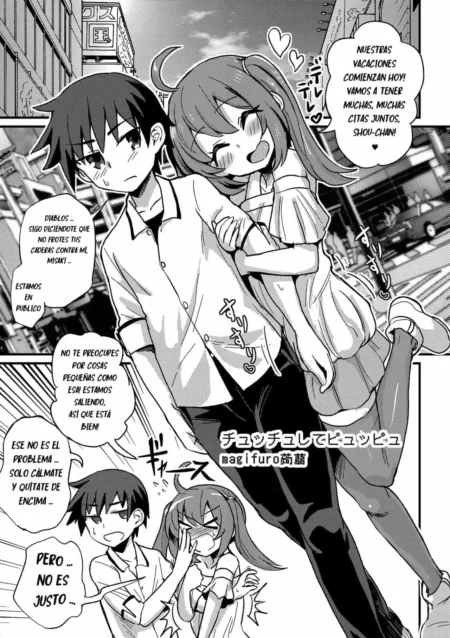 Pareja abrazada en público mientras ella frota sus caderas contra la erección del chico en un manga erótico.