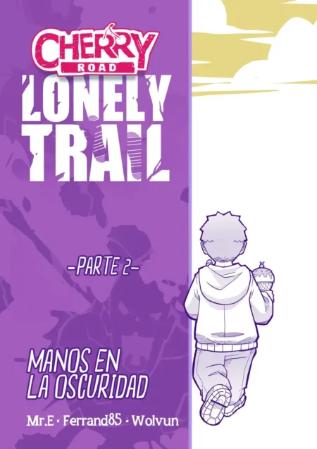 Portada de Cherry Road Lonely Trail Parte 2 Manos en la Oscuridad con personaje masculino de espalda sobre fondo púrpura.