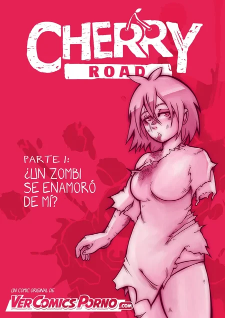 Portada de Cherry Road con zombi erótica de cabello rosa, piel pálida y vestido blanco roto que resalta sus pechos.
