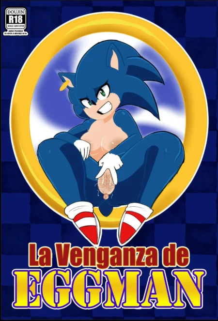 Sonic feminizado con pechos y pene erecto expuesto en posición sugerente para La Venganza de Eggman.