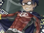 Joven superhéroe con traje rojo ajustado, capa azul y gafas, exhibiendo sus genitales marcados bajo la ropa interior.