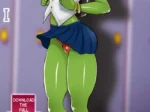 Orca sexy con uniforme escolar, falda azul levantada que expone su vulva y medias blancas sobre fondo de casilleros.