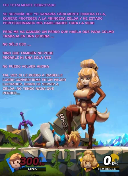 Isabelle de Smash Bros humilla a Link pisándole la cara con su bota mientras él gime sumiso bajo sus pechos y muslos.