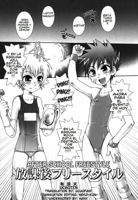 Dos jóvenes con trajes de baño ajustados posan juntos en una página de manga erótico Shounen Ai de Uchoten.