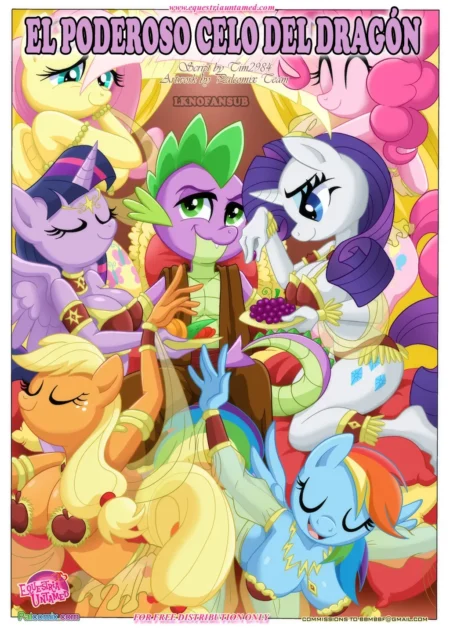 Ponys y un dragón con pechos grandes y ropa provocativa en una pose erótica y sugerente de El Poderoso Celo Del Dragón.