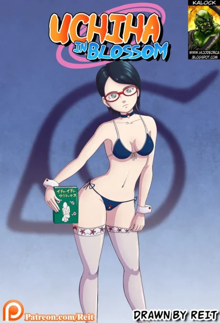 Mujer Uchiha con bikini azul, medias blancas y libro erótico posando sexy en Uchiha In Blossom de Reit.