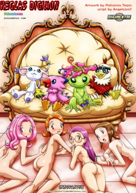 Cuatro mujeres desnudas posan eróticamente frente a un sofá con Digimon en el cómic Reglas Digimon de Palcomix.