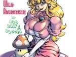 Princess Peach con pechos enormes y vestido rosa ajustado sentada junto a un champiñón en estilo erótico y voluptuoso.
