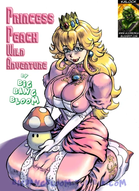 Princess Peach con pechos enormes y vestido rosa ajustado sentada junto a un champiñón en estilo erótico y voluptuoso.