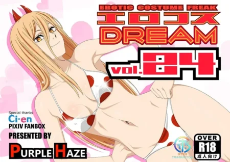 Mujer anime rubia con cuernos y bikini blanco de lunares rojos posando desnuda en Erocos Dream 24 de Purple Haze.