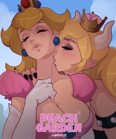 Princesa Peach y Pauline besándose apasionadamente con pechos grandes y expuestos en el arte erótico de Peach Garden.