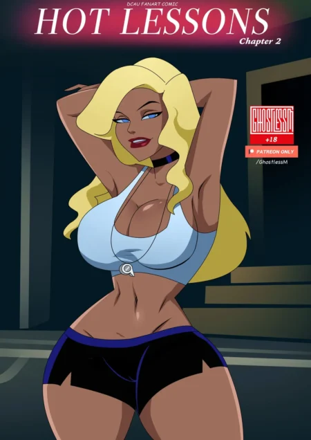 Mujer morena con pechos grandes en top blanco y shorts negros ajustados posando sexy para Hot Lessons de Ghostlessm.