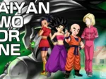 Cuatro personajes de Dragon Ball en poses sugerentes frente a un fondo verde con la Kame House y un villano gigante.