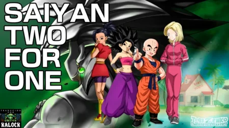 Cuatro personajes de Dragon Ball en poses sugerentes frente a un fondo verde con la Kame House y un villano gigante.
