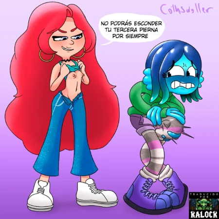 Ruby Gillman burlándose de una chica azul con un pene gigante y rayas rosas que sobresale de sus pantalones morados.
