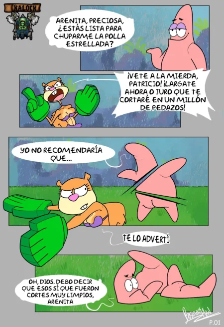 Cómic donde Arenita corta el pene de Patricio en pedazos tras su propuesta sexual explícita.