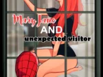 Mary Jane pelirroja en lencería negra tomándose una selfie mientras Spider-Man la observa desnuda desde la ventana.