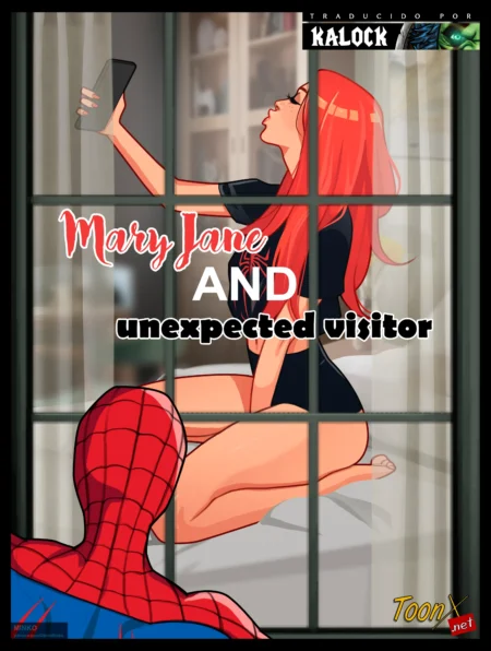 Mary Jane pelirroja en lencería negra tomándose una selfie mientras Spider-Man la observa desnuda desde la ventana.