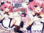 Astolfo con traje de sirvienta blanco y negro, pechos expuestos y medias negras en pose erótica y sugerente.