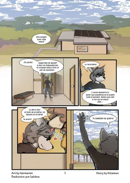 Cómic furry de lobas antropomorfas despidiéndose con besos y abrazos en una casa rural antes de un viaje.