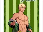 Cedric Diggory semidesnudo con túnica verde y un tanga ajustado que resalta su bulge en los vestidores de Hogwarts.