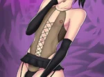 Mujer anime con corsé transparente que deja ver sus pezones, guantes largos, ligueros y ropa interior negra provocativa.