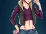 Mujer anime con chaleco corto y shorts ajustados que resaltan su abdomen y muslos, con mirada provocativa y sensual.