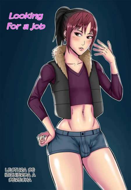 Mujer anime con chaleco corto y shorts ajustados que resaltan su abdomen y muslos, con mirada provocativa y sensual.