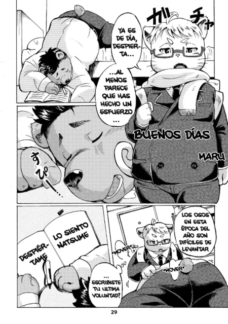 Página de manga yaoi furry con osos antropomorfos despertando en la cama tras una noche de sexo intenso.