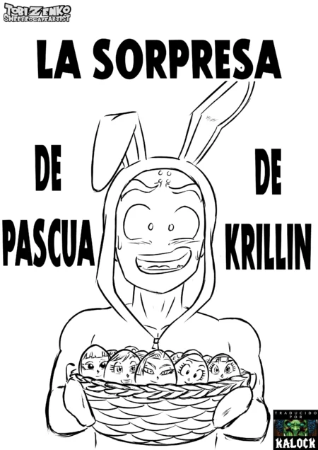 Krillin disfrazado de conejo sostiene una cesta llena de cabezas de mujeres con expresiones sexuales y ojos en blanco.