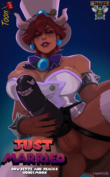 Bowsette curvilínea con vestido blanco masturbándose con un dildo negro gigante mientras sonríe excitada.
