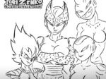 Dibujo erótico de Freezer, Cell y Android 18 con pechos grandes y ropa ajustada junto a Krillin en estilo manga.