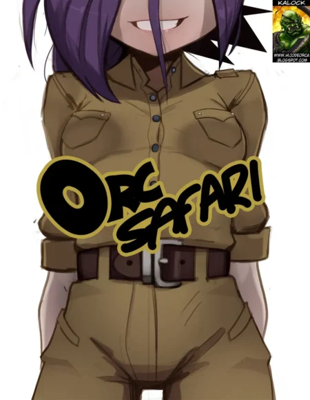 Zone-tan de Orc Safari con uniforme safari marrón ajustado que marca sus pechos y genitales sin ropa interior.