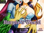 Harpía rubia con pechos grandes siendo tocada por mujer azul con alas verdes en escena erótica de Harpie's World.