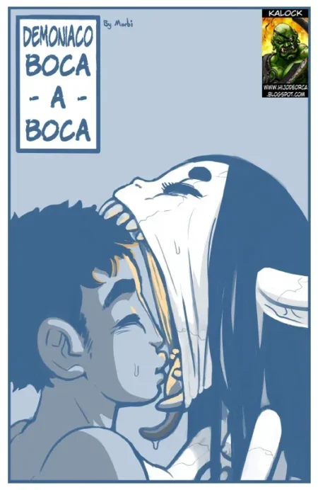 Hombre joven recibe sexo oral de demonio femenino con piel pálida y lengua larga en Demoniaco Boca A Boca de Morbi.