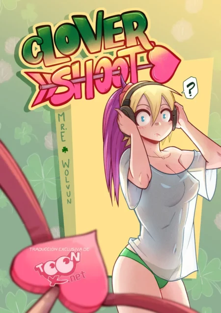 Chica rubia con auriculares, camiseta blanca corta y tanga verde posando sugerente en Clover Shoot de Mr. E y Wolvun.