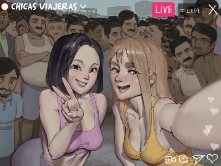Dos chicas en bikini sonríen para un selfie mientras una multitud de hombres las mira con deseo sexual.