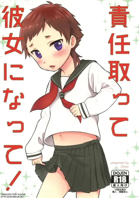 Estudiante de anime con uniforme escolar levantando su blusa blanca para exponer su vientre y falda corta plisada verde.