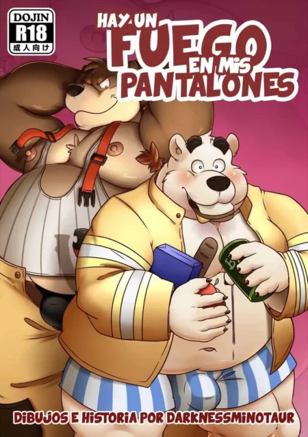 Dos osos antropomórficos obesos y musculosos con ropa interior, uno con arnés, en portada de yaoi furry erótico.