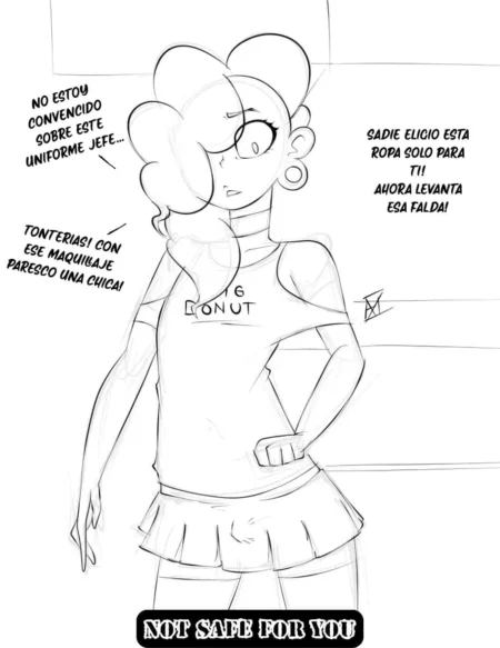 Lars con maquillaje y falda corta de Big Donut levanta la prenda para exponer sus genitales ante su jefe.