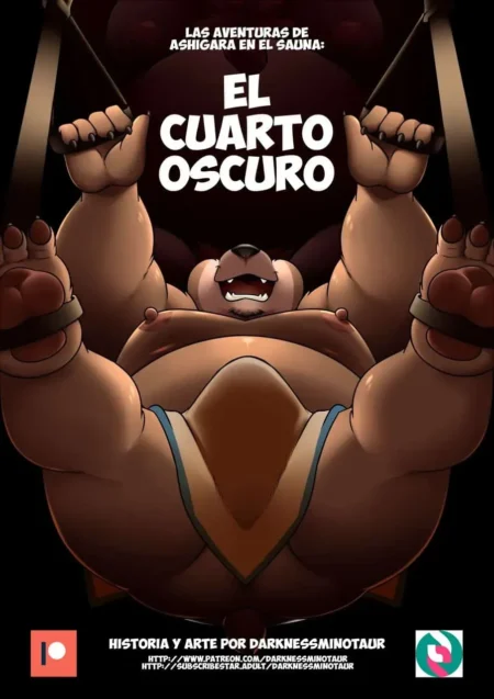 Oso furry obeso y musculoso atado de extremidades en columpio, exponiendo su gran vientre y genitales en El Cuarto Oscuro.